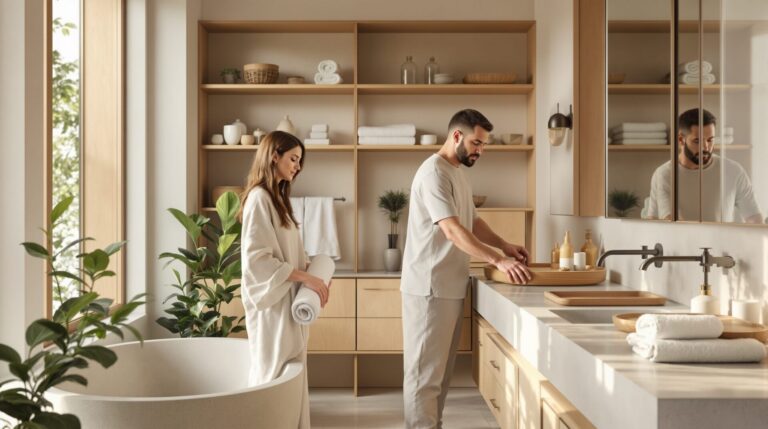 zen salle de bain bois et pierre